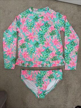 *New Lilly Pulitzer Girls' Pink Floral Long-Sleeve Rash Guard Swim Set